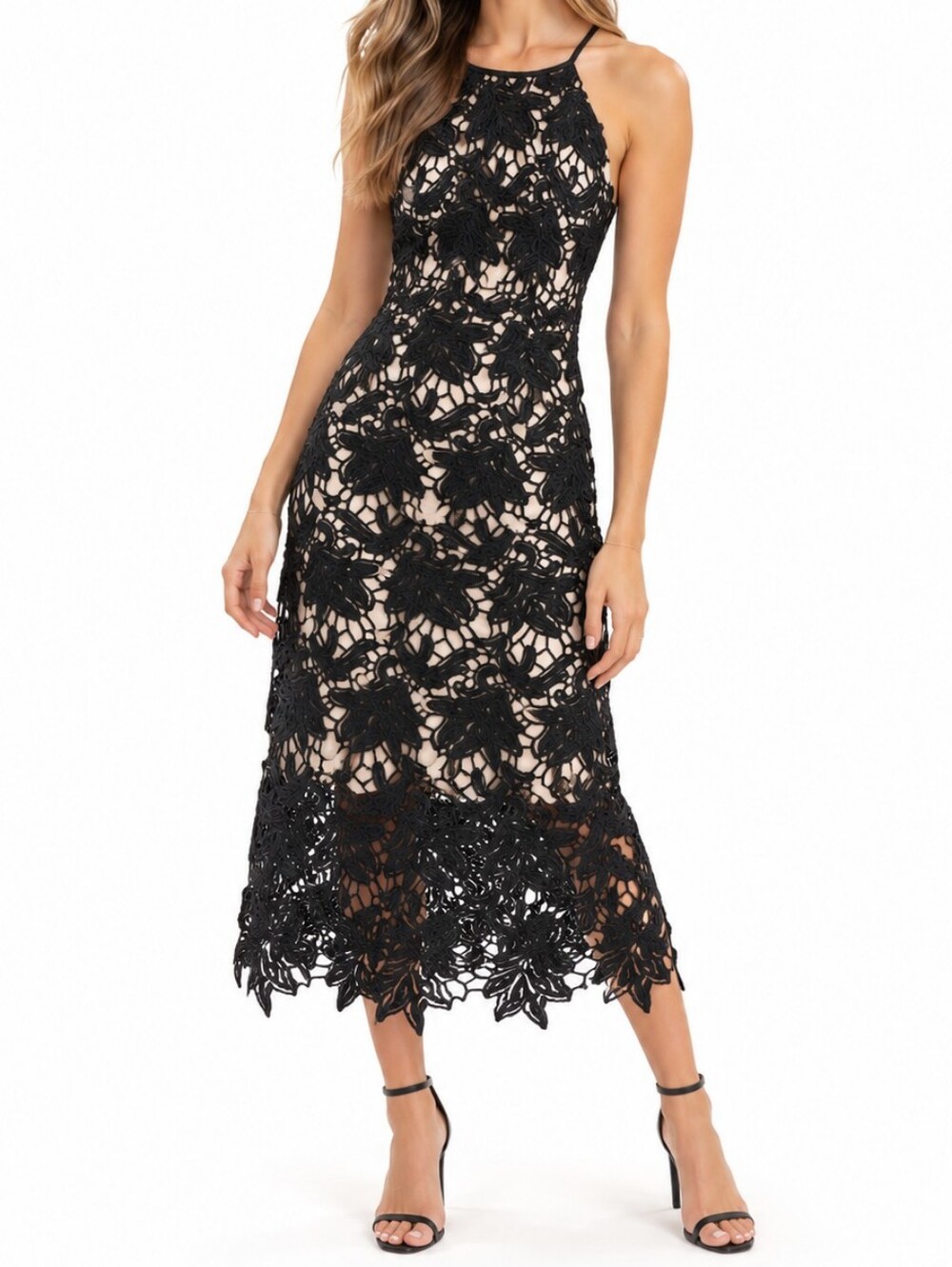 Keepsake True Love Halter Neck Floral Lace Black Midi Sleeveless Dress Sz XS